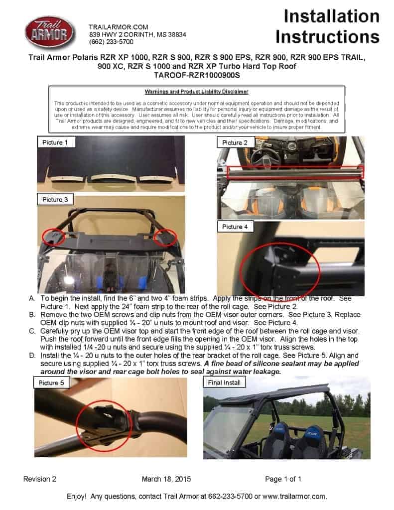 Trail Armor Polaris Rzr Series Hard Top Roof