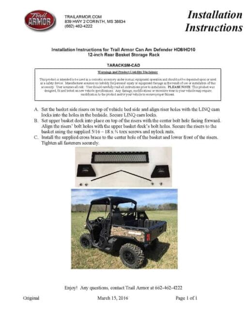 Trail Armor Can-am Defender Rear Basket Storage Rack