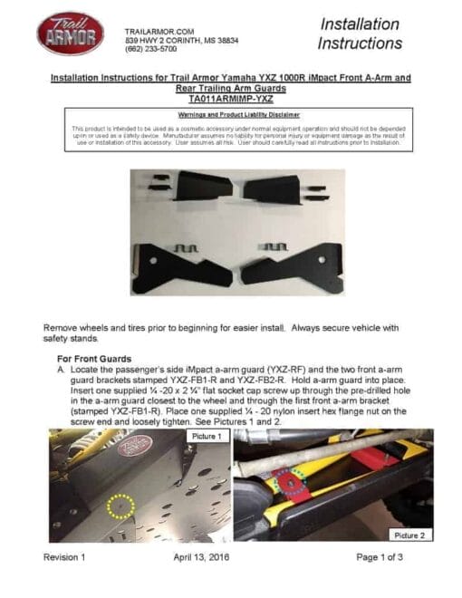 Trail Armor Yamaha Yxz A Arm Front And Rear Trailing Arm Guards