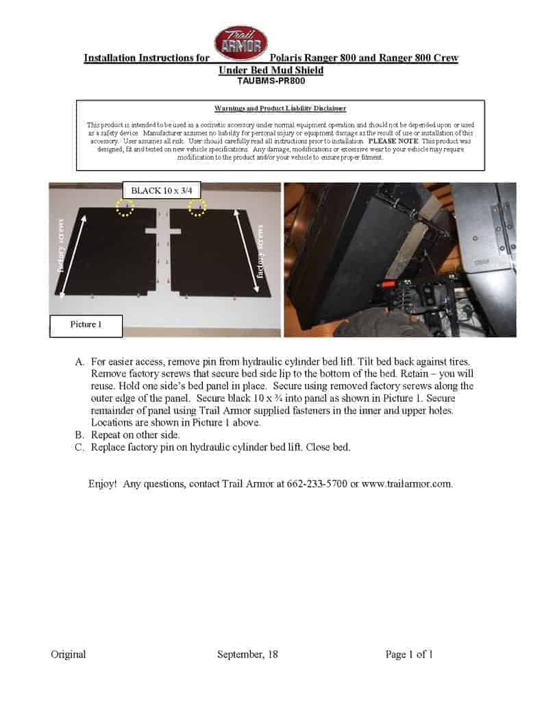 Trail Armor Polaris Ranger Under Bed Mud Shield