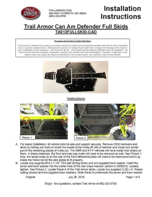Trail Armor Can-am Defender Skid Plate, Full Coverage