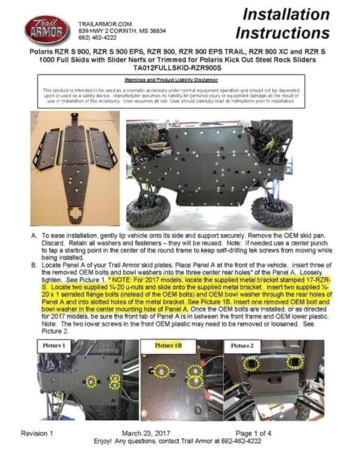 Trail Armor Polaris Rzr 900 Skid Plate S 1000, S 900