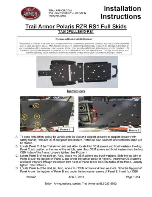 Trail Armor Polaris Rzr Rs1 Skid Plate, Full Protection