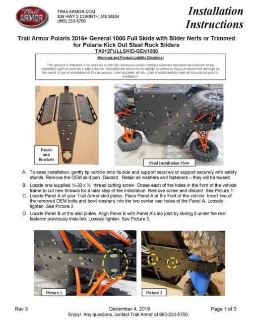 Trail Armor Polaris General 1000 Skid Plate, General Xp Skid Plate