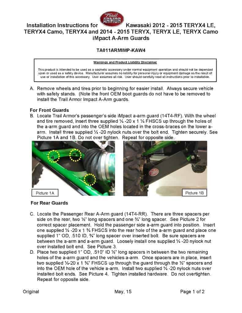 Trail Armor Kawasaki Teryx 4 A Arm Guards