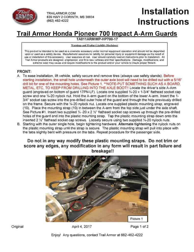 Trail Armor Honda Pioneer 700 A Arm Guards - 14/16 Models