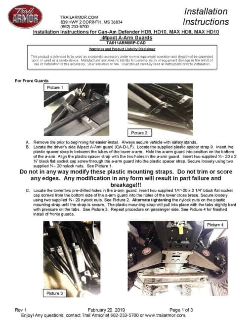 Trail Armor Can-am Defender A Arm Guards, Straight Arms