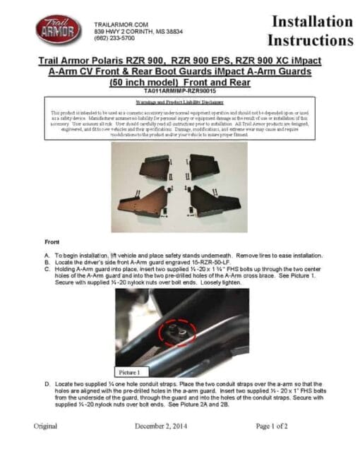 Trail Armor Polaris Rzr 900 A Arm Guards, Front And Rear Set