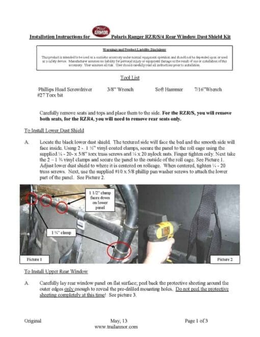 Trail Armor Polaris Rzr Rear Window Dust Shield Kit